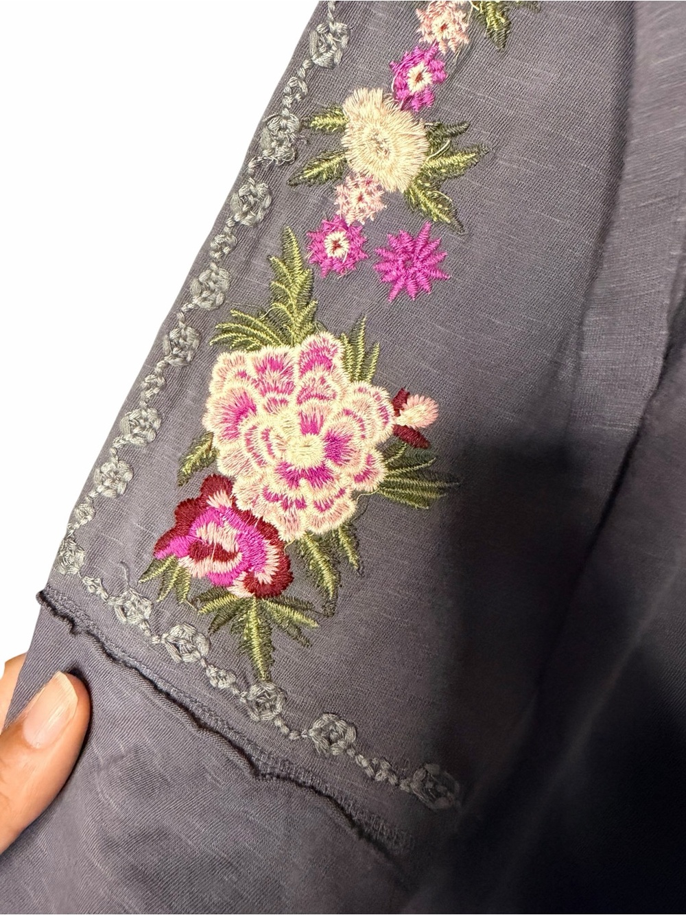 Sundance Blackpearl Gray Glacier Garden V-Neck Floral Embroidered Top Medium - Picture 5 of 9